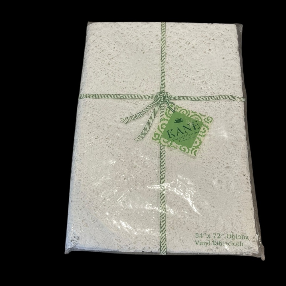 NEW VTG 80s Kane White Crochet Look Vinyl 54" X 72" Oblong Tablecloth SEALED